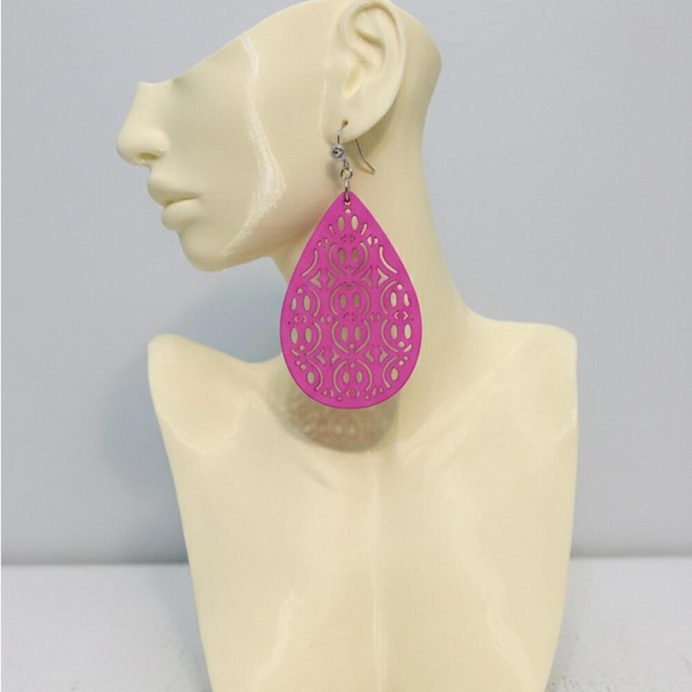 Pink Teardrop Laser Cut Wooden Earrings